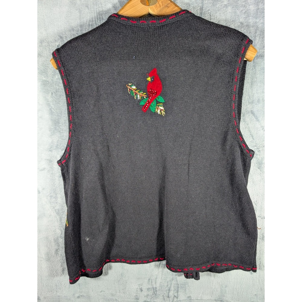 Vtg Women’s Plus Christmas Cardinal Bird Embroidered Black Sweater Vest 22W 24W - Picture 6 of 9